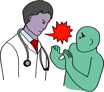 A doctor with short grey hair, in a lab coat and with a stethoscope around their neck, glaring down at a person who is holding up their arms to defend themself. The person is green and has a bleeding cut on their forehead. The doctor is purple.